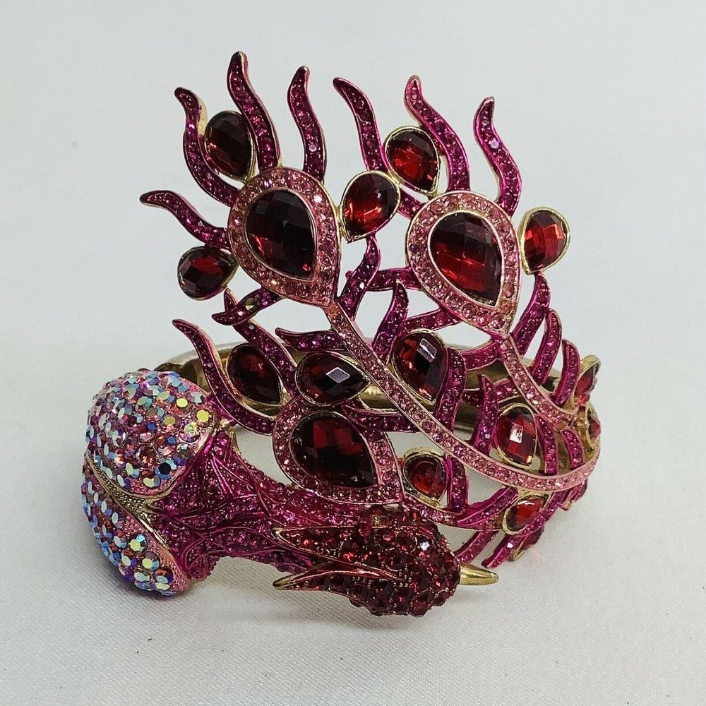 Peacock Bangle Cuff Bracelet Pink Crystal Jewels